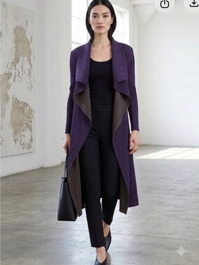 Plisse Pleated Long Cardigan Purple Charcoal Draped Open Front Jacket Reversible